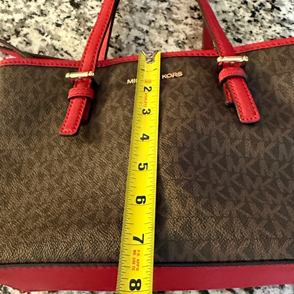 Michael Kors Jet Set Travel Signature Logo brown & red top zip small tote bag - Picture 15 of 15